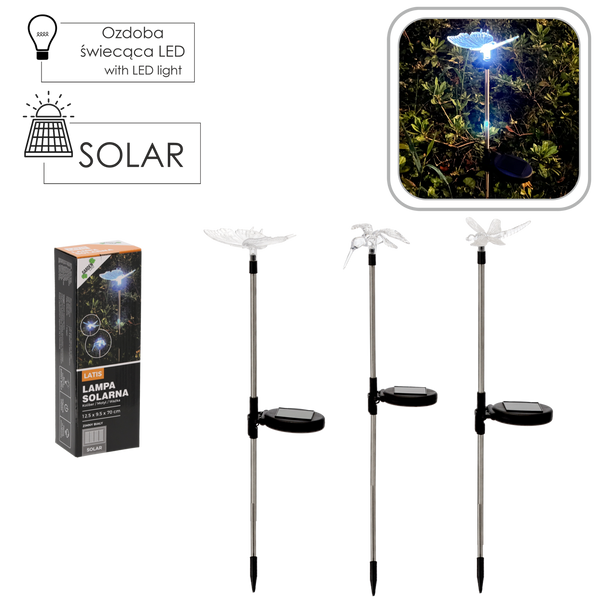 LAMPA SOLARNA LATIS 12,5 x 9,5 x 70 CM SREBRNA KOLIBER / MOTYL / WAŻKA ZIMNY BIAŁY *4344