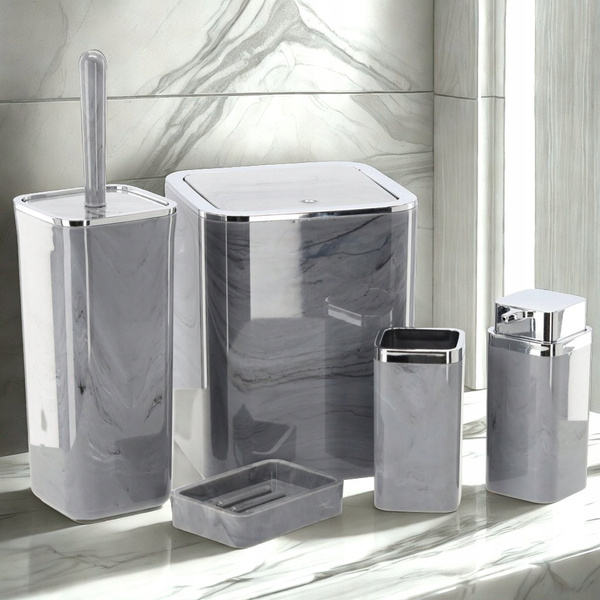5-PIECE BATHROOM SET SQUARE MARBLE GREY