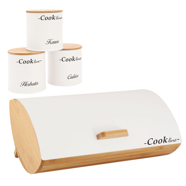 CHLEBAK AGLIO - BAMBUSOWY Z POKRYWĄ METALOWĄ 36,5 x 25 x 13 CM BIAŁY MAT + 3 POJEMNIKI 11,5x11,5x12 CM