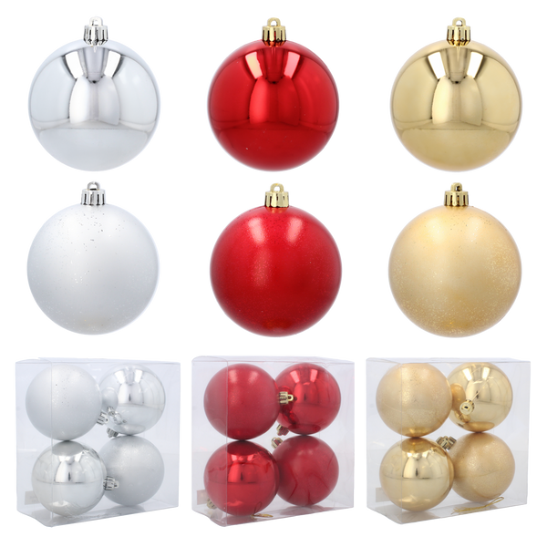 SET OF 4 BAUBLES 8 CM RED/GOLD/SILVER