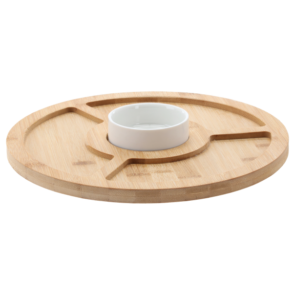 SET FOR SERVING APPETIZERS - 4-COMPARTMENT BAMBOO BOARD WITH PORCELAIN BOWL 28X4CM