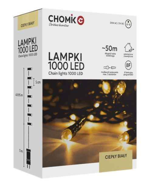LAMPKI LED 1000L CIEPŁY BIAŁY DŁ. 3 + 50 M WEWN/ZEWN *9621