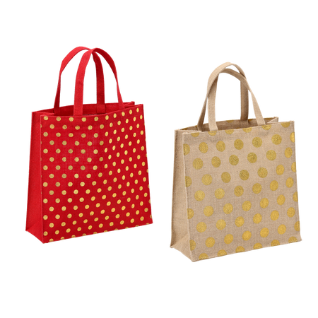 TORBA Z JUTY 30 x 30 x 10 CM W KROPKI - CZERWONA / NATURALNA opak=5szt *6905