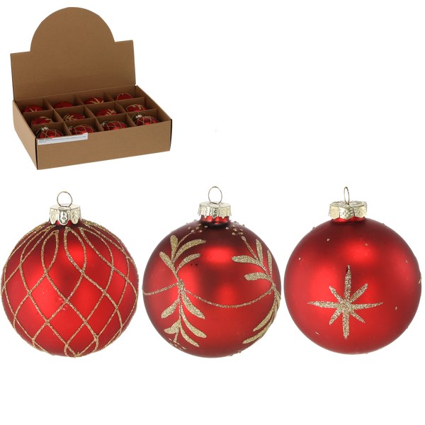 GLASS ORNAMENT - MATTE RED MIXED PATTERNS 8 CM