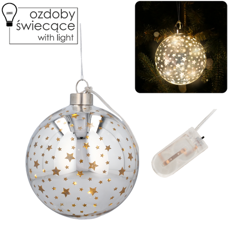 OZDOBA ŚWIĄTECZNA SZKLANA FI 12 CM LED BOMBKA SREBRNA W GWIAZDKI opak=6szt *2799