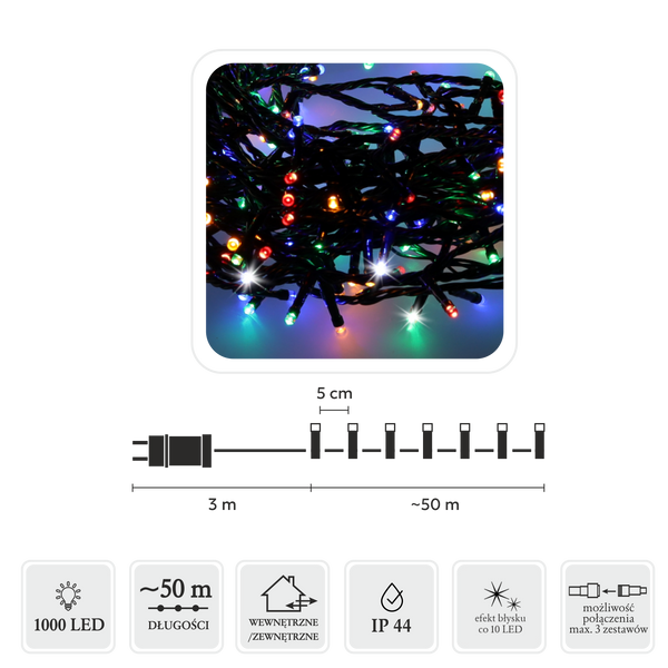 LAMPKI LED 1000L MULTIKOLOR + ZIMNY FLASH, DŁ. 3 + 50 M WEWN/ZEWN *8455