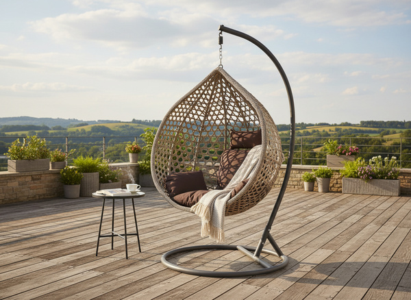 FOTEL WISZĄCY ROZM. L SZARY, PODUSZKA SZARA, RAMA CIEMNOSZARA