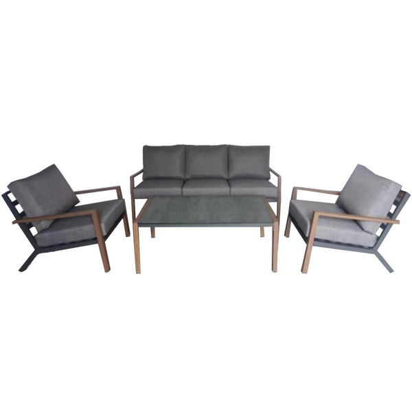 SADA HLINÍKOVÉHO NÁBYTKU "ASTANA" (3 OS. SOFA + 2 KRESLÁ + STOLÍK) SIVÁ + SIVÉ VANKÚŠE *1135