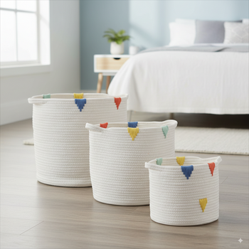 ZESTAW 3 OKRĄGŁYCH KOSZY NA PRANIE/ZABAWKI BIAŁY Z KOLOROWYM WZOREM