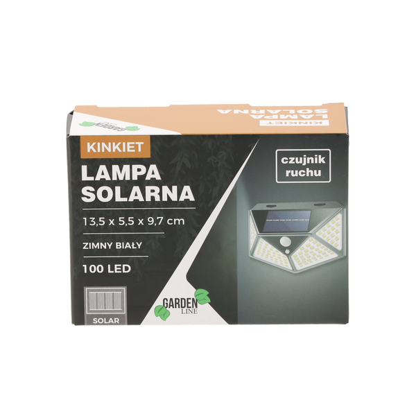LAMPA SOLARNA 13,5 x 5,5 x 9,7 CM KINKIET Z CZUJNIKIEM RUCHU 100 LED ZIMNY BIAŁY  *6124