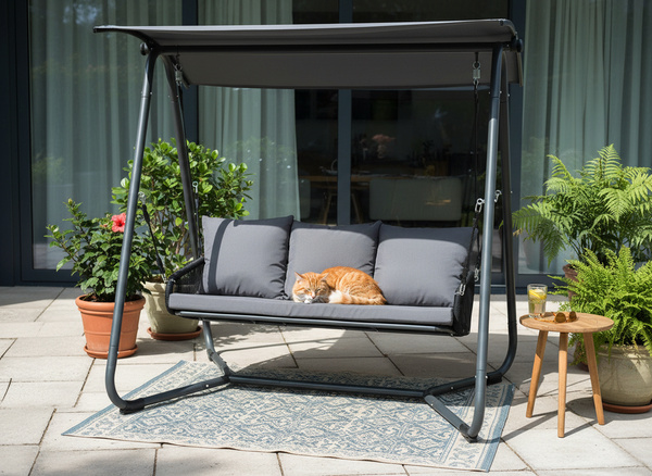 HUŚTAWKA OGRODOWA Z PLECIONYMI PODŁOKIETNIKAMI 180 x 139 x 185 CM ANTRACYTOWA PREMIUM