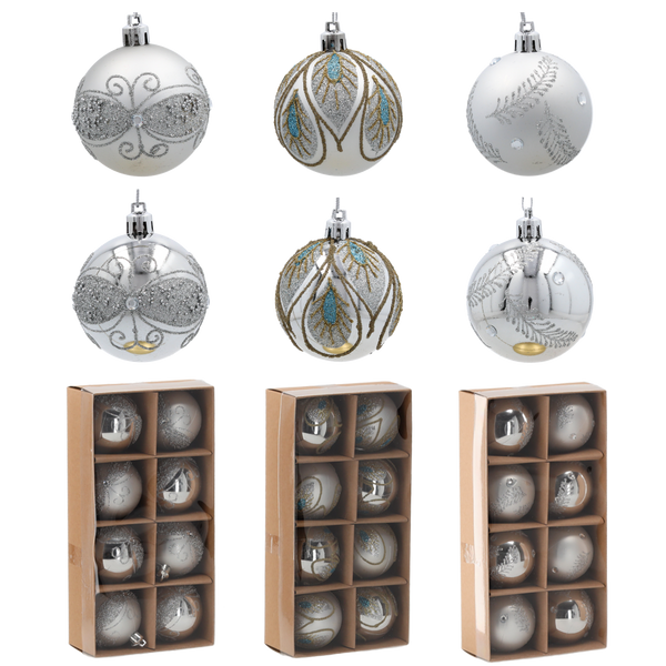 SET OF 8 CHRISTMAS BAUBLES SILVER 6 CM