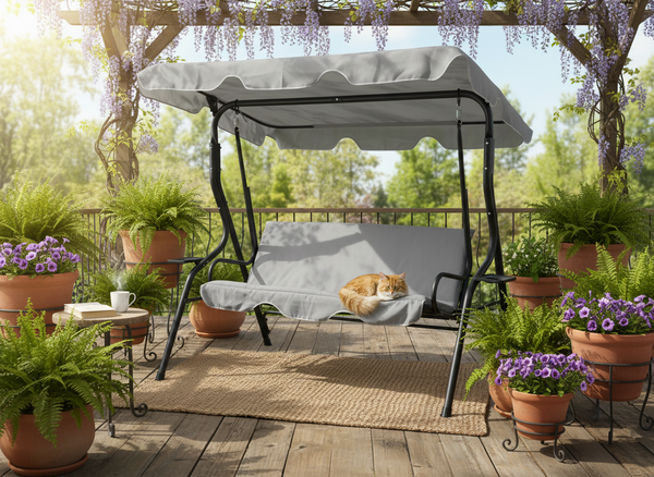 HUŚTAWKA OGRODOWA 170 x 110 x 153 cm SZARA BEZ POD. Z PODSTAWKAMI NA KUBEK