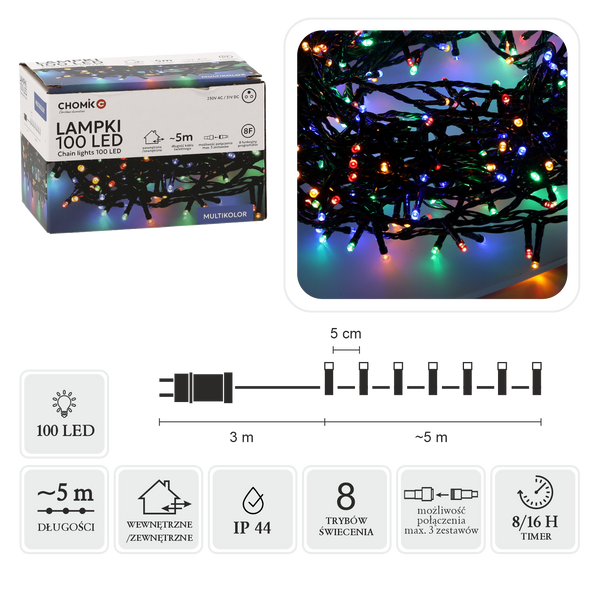 LED SVETLÁ 100L MULTIKOLOR DĹŽKA 3 + 5 M VNÚTOR/NAPOSLEDY *9430