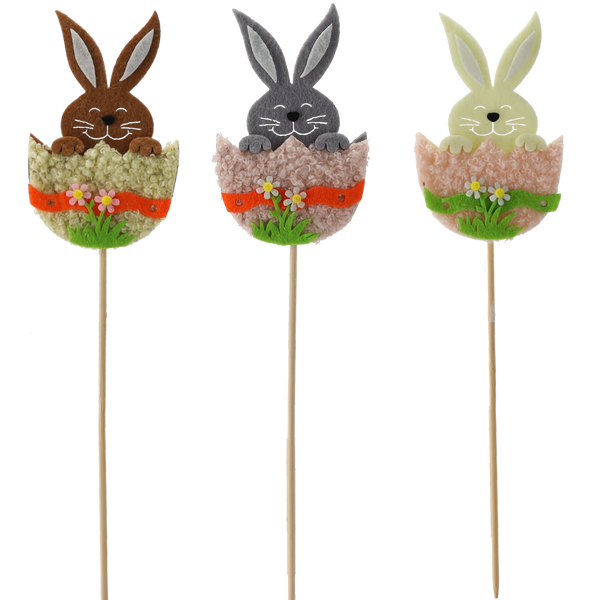 OZDOBA WIELKANOCNA NA PIKU - ZAJĄCZEK W SKORUPCE 6 x 10 CM MIX 3 KOLORÓW opak=12szt *9014