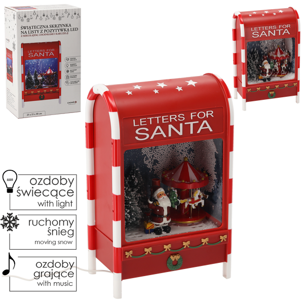 CHRISTMAS LETTER BOX 25 X 15 X 40 CM WITH LED MUSIC BOX - RED - WITH SANTA, CHRISTMAS TREES AND CAROUSEL