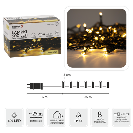 LED SVETLÁ 500L TEPLÁ BIELA, DĹŽKA 3 + 25 M VNÚT/OVN *9560