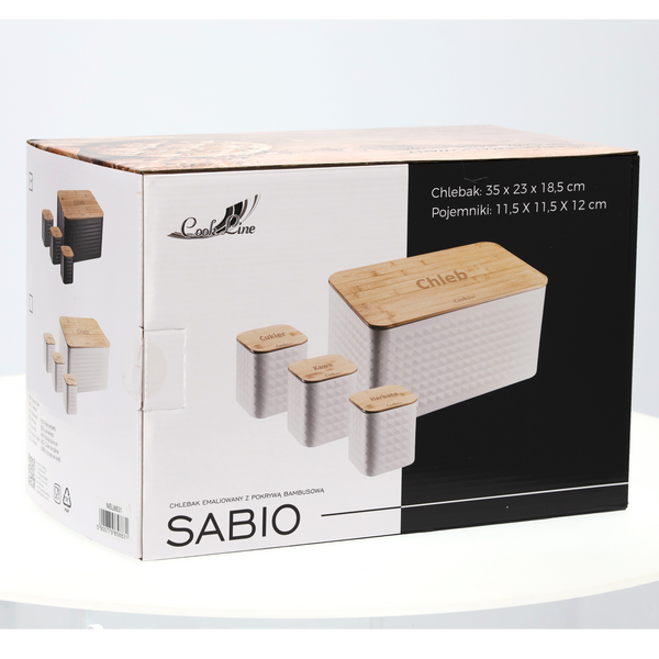CHLEBAK SABIO - EMALIOWANY Z POKRYWĄ BAMBUSOWĄ 35 x 23 x 18,5 CM BIAŁY + 3 POJEMNIKI 11,5 X 11,5 X 12 CM *8848