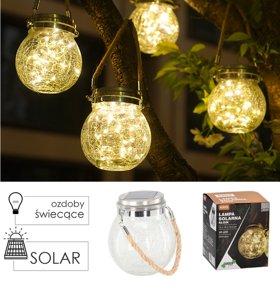 SOLÁRNÍ LAMPA - SKLENICE 12 x 12 x 14,5 CM KRIS 20 LED TEPLÁ BÍLÁ *3682