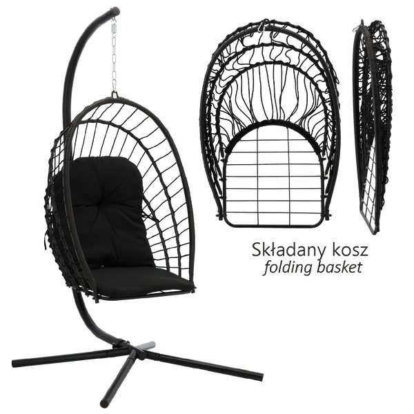 FOTEL WISZĄCY SKŁADANY ERIS CZARNY, PODUSZKA - CZARNA, RAMA - CZARNA