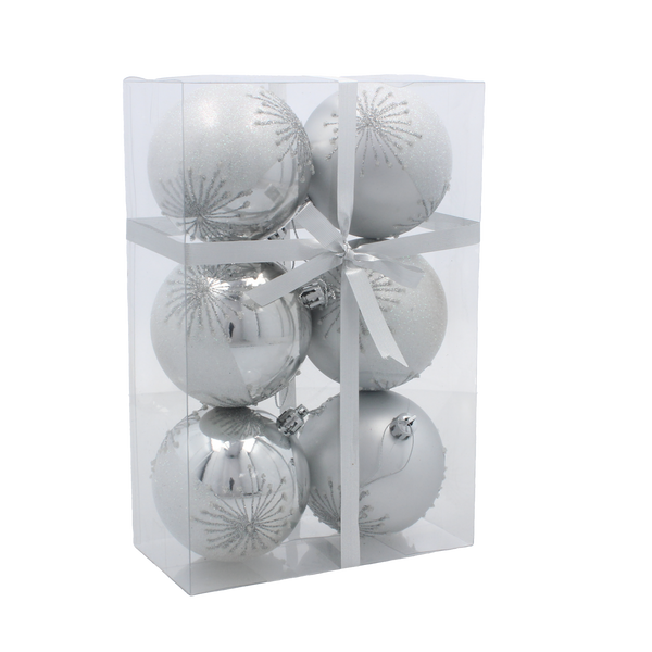 SET OF 6 CHRISTMAS BAUBLES SILVER 8 CM