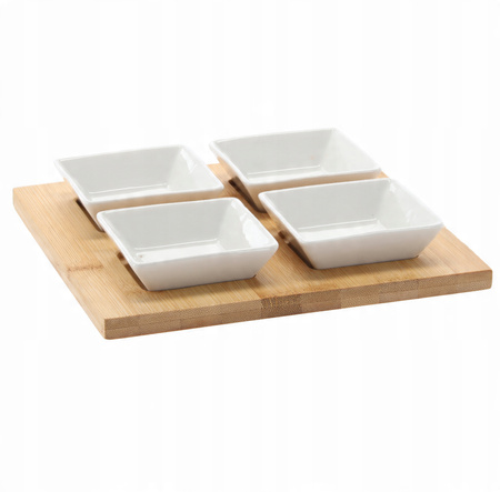 SADA NA SERVÍROVANIE PREDKRMOv - 4 ŠTVORCOVÉ PORCELÁNOVÉ MISKY S BAMBUSOVOU DOSKOU 22x22x3,5CM *7279
