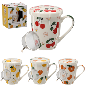 KUBEK PORCELANOWY Z ZAPARZACZEM I POKRYWKĄ 340 ML MIX OWOCOWYCH WZORÓW *1896