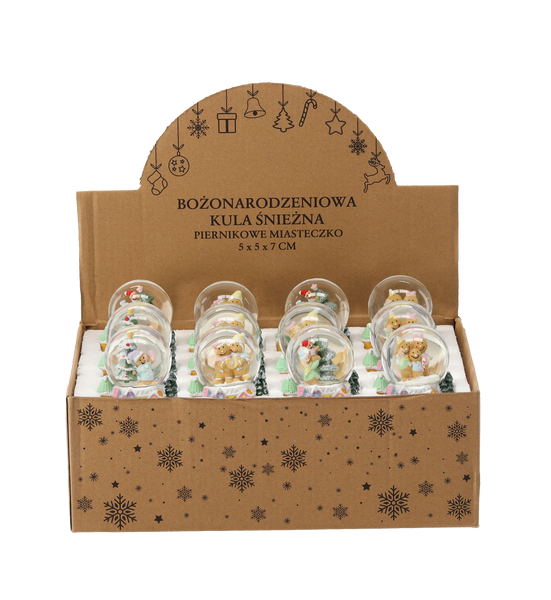 BOŻONARODZENIOWA KULA ŚNIEŻNA - PIERNIKOWE MIASTECZKO 5 x 5 x 7,5 CM MIX WZORÓW disp=12szt *5706