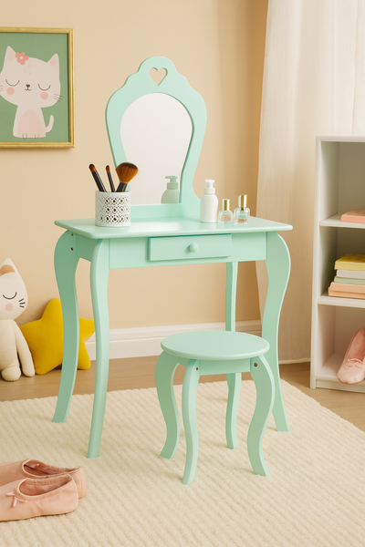 MAŁA TOALETKA KOSMETYCZNA MIĘTOWA Z LUSTREM + TABORET *3549