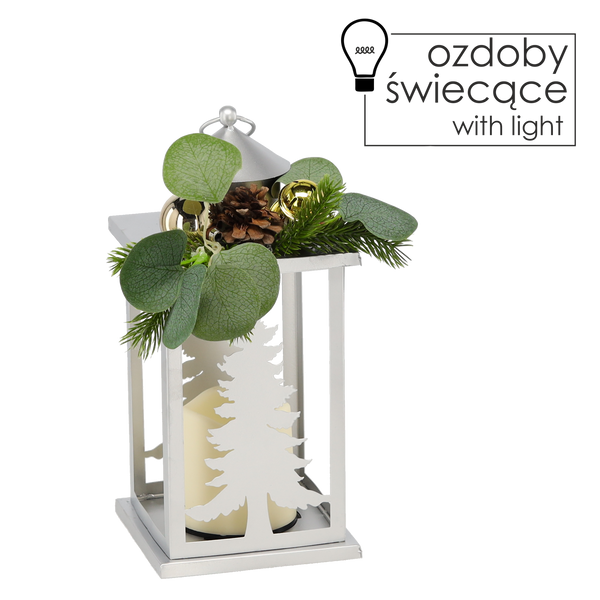 ŚWIĄTECZNY LAMPION 12,5 x 12,5 x 30,5 CM LED METALOWY SREBRNY ZE STROIKIEM *0870