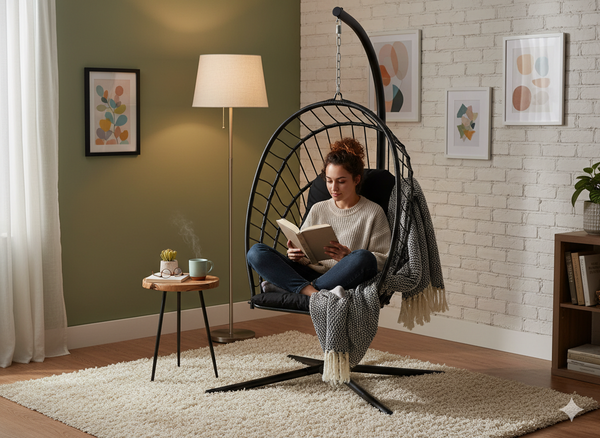 FOTEL WISZĄCY SKŁADANY ERIS CZARNY, PODUSZKA - CZARNA, RAMA - CZARNA