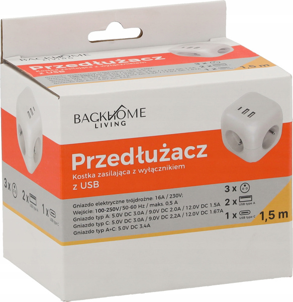 PŘEDLŮŽENÍ KOSTKA ZDROJOVÁ 3 ZÁSUVKY 230V A 3 ZÁSUVKY USB 1,5 M BÍLÁ *2578