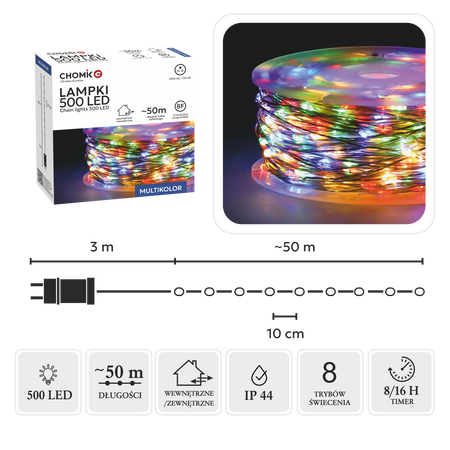 LAMPKI LED DRUCIKI NA SZPULI 500L MULTIKOLOR, DŁ. 3 + 50 M *8547