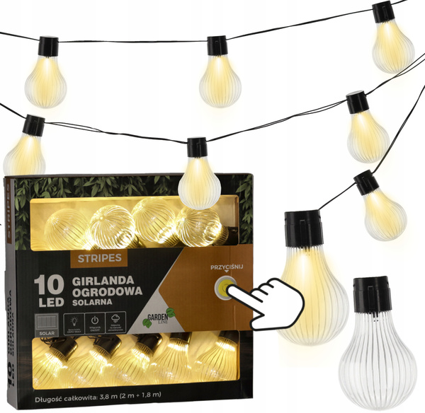 GIRLANDA SOLARNA OGRODOWA DŁ. 2 + 1,8 M STRIPES 10 LED CIEPŁY BIAŁY *3613
