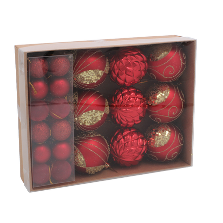 SET OF 33 CHRISTMAS BAUBLES RED, SILVER, GOLD