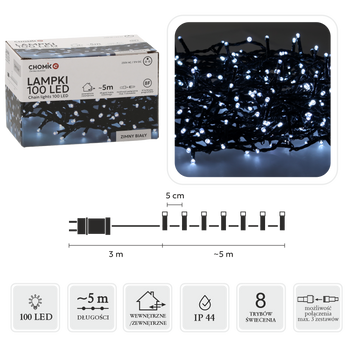 LAMPKI LED 100L ZIMNY BIAŁY DŁ. 3 + 5 M WEWN/ZEWN *9423