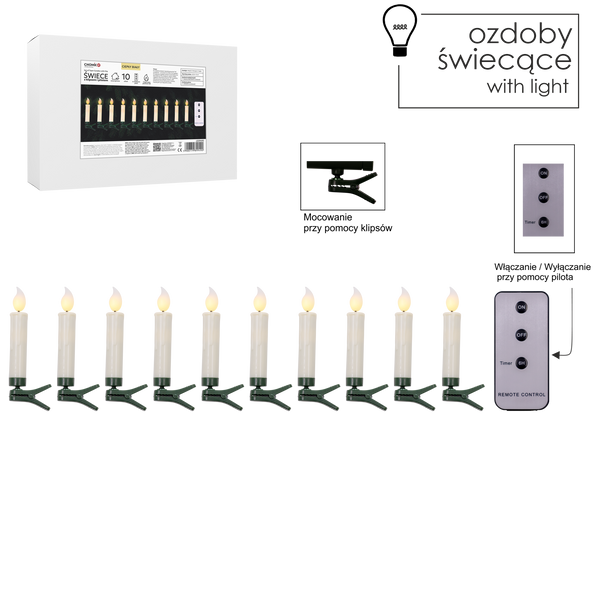 KPL. 10 ŚWIEC Z KLIPSEM I PILOTEM 1,9 X 9 CM *9490