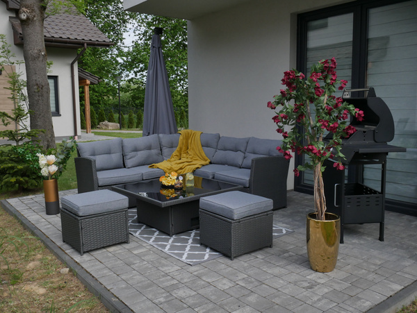 ZESTAW MEBLI RATTANOWYCH ( SOFA NAROŻNA + 2 PUFY + STOLIK Z REGULOWANĄ WYS. ) SZARY + SZARE PODUSZKI *8212