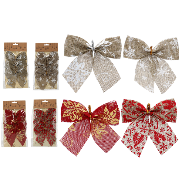SET OF 3 CHRISTMAS BOWS 12CM RED/NATURAL