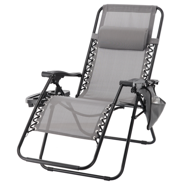 LEŻAK OGRODOWY SKŁADANY Z PODSTAWKĄ, KIESZONKĄ I ZAGŁÓWKIEM SZARY *5758