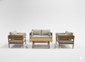 ZESTAW MEBLI ALUMINIOWYCH "PODGORICA" (SOFA + 2 FOTELE + STOLIK) BRĄZOWY + BEŻOWE PODUSZKI