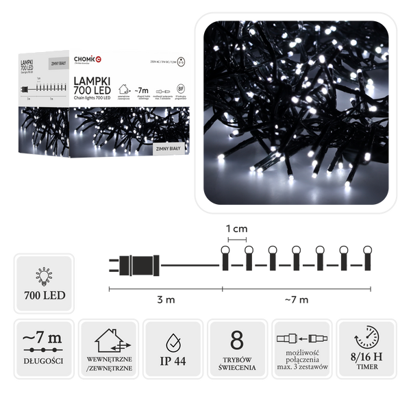 LED CLUSTER LIGHTS 700L COLD WHITE, L: 7 + 3 M IP44