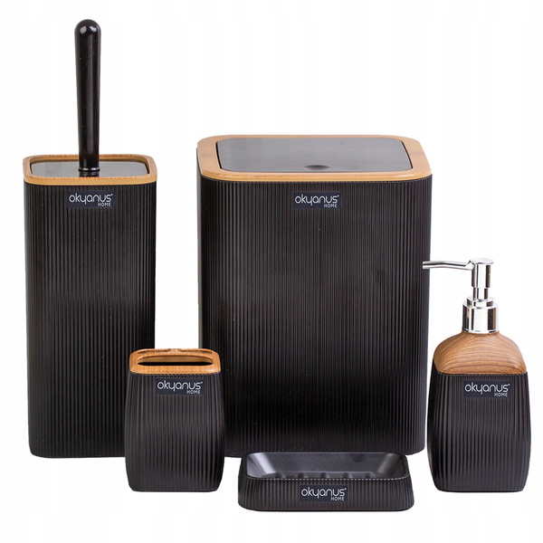 5-PIECE BATHROOM SET SQUARE BLACK / WOOD