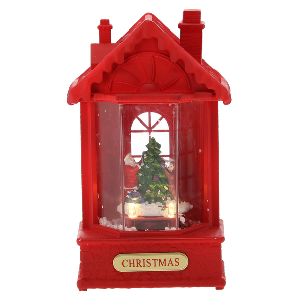 Vianočný lampión 12 x 9 x 19,5 CM S LED VLOŽKOU MELÓDIA - ČERVENÝ DOMČEK *3850