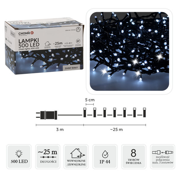 LAMPKI LED 500L ZIMNY BIAŁY, DŁ. 3 + 25 M WEWN/ZEWN *9577