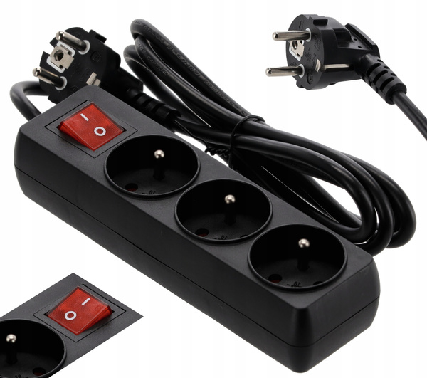 EXTENSION CORD POWER STRIP WITH SWITCH 3 SOCKETS 3M BLACK