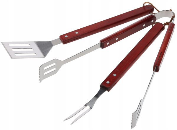 SET OF 3 GRILL ACCESSORIES WITH WOODEN HANDLE SPATULA/TONGS/FORK