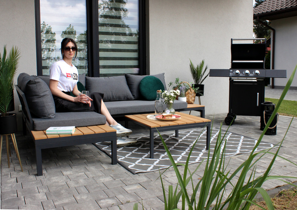 ALUMINUM FURNITURE SET ( CORNER SOFA + TABLE ) GREY + GREY CUSHIONS