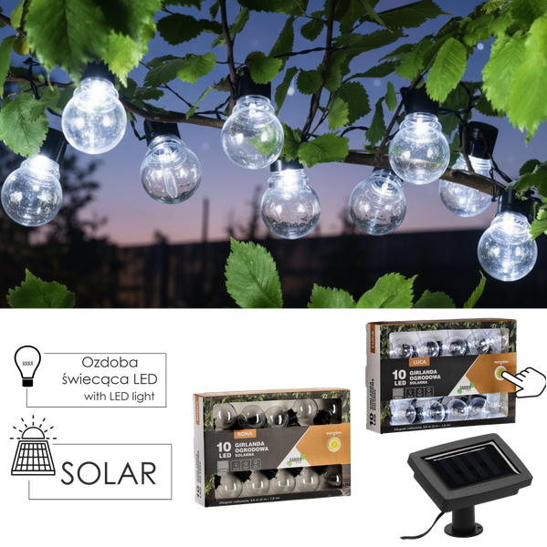LED GRĂDINĂ SOLARĂ GARNDATĂ LUNGIME 2 + 1,8 M LUCA 10 LED ALB RECE *3590