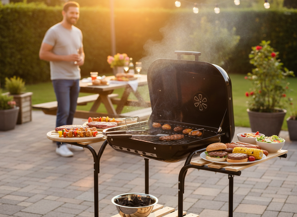 AMERICAN CHARCOAL BBQ WITH SIDE SHELVES AND WHEELS 96 x 45 x 75 CM
